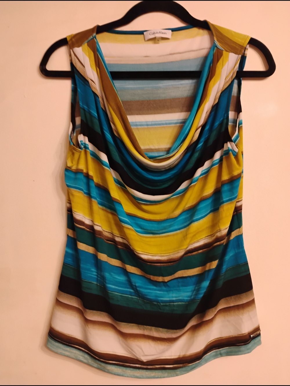 Calvin Klein Striped Cowl Neck Camisole - Teal, Yellow, Brown, Cream